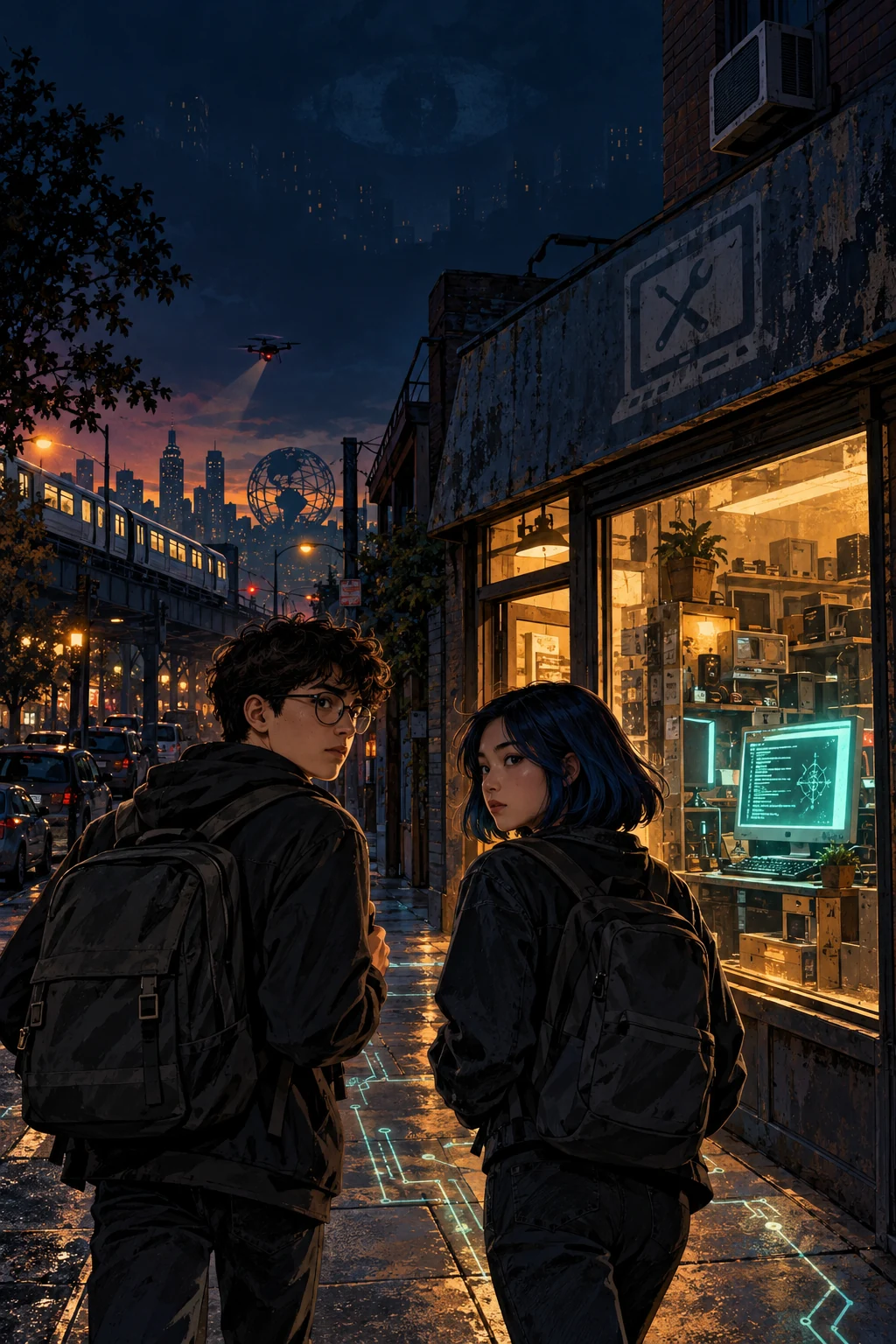 Dustin and Christine outside Tony’s repair shop at night, with amber windows and a teal computer screen